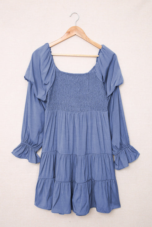 Boho Solid Shirred Ruffle Mini Dress